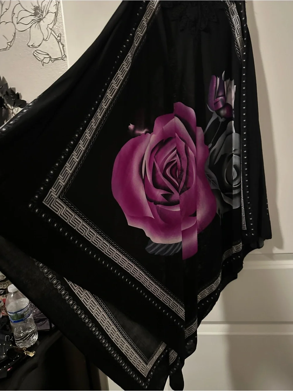Black Sleeveless Handkerchief Hem Dress with Purple Rose